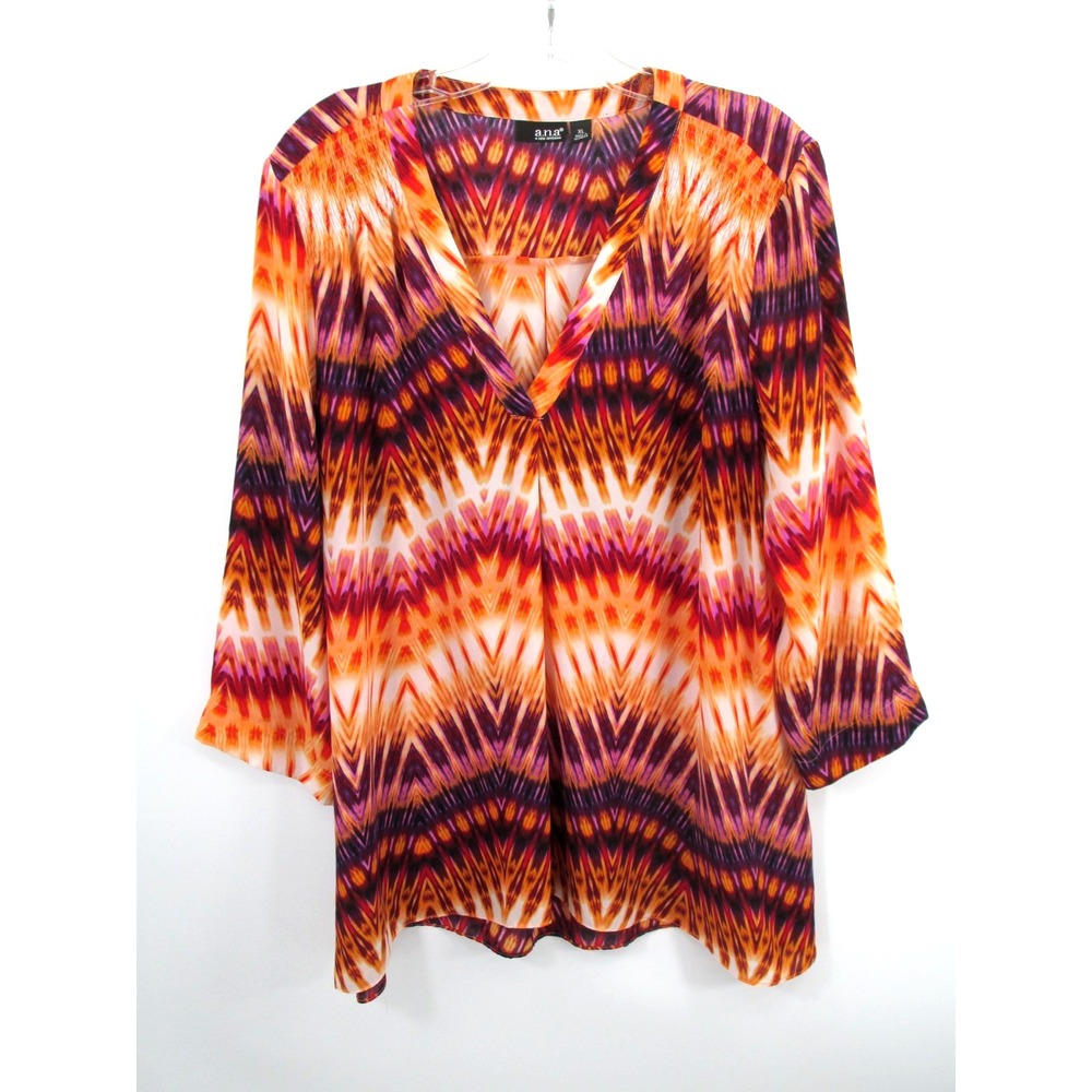 ANA A New Approach Pullover Tunic Blouse XL Multicolor Tribal Geometric V-Neck